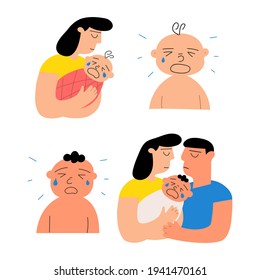 Padres y bebés llorando. Conjunto de ilustraciones de icono sobre fondo blanco. 
