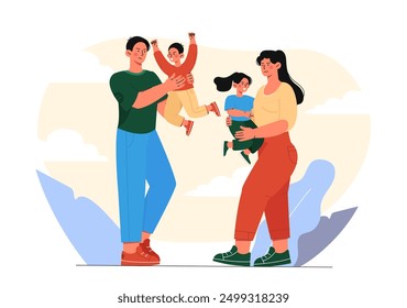 Padres con niños llorando. Hombre y mujer sosteniendo a una niña y un niño llorando en las manos. Adultos con niños traviesos. Sentimientos y emociones negativas. Ilustración vectorial plana aislada sobre fondo blanco