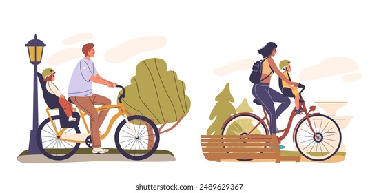 Parents Cycling With Their Children Seated In Bike Seats. Image Captures Cheerful And Outdoor Family Activity