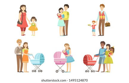 Parents Daily Routine Activities Set, Mothers and Fathers Walking with Their Children Concept Vector Illustration
