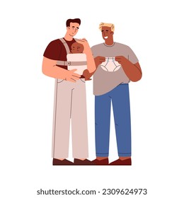 Parents, dark-skinned fathers hold the newborn baby in sling and enjoy, non-binary transgender persons. Vector illustration isolated on white background. Baby care concept.