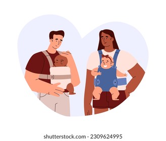 Parents, dark-skinned mom and dad holding babies in slings. Vector hand drawn illustration in cartoon flat style isolated on white background. Cute disproportionate character of baby care concept.