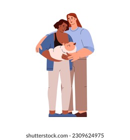 Parents, dark-skinned mothers hold the newborn baby in arms and hug lovingly, non-binary transgender person. Vector illustration isolated on white background. Baby care concept.