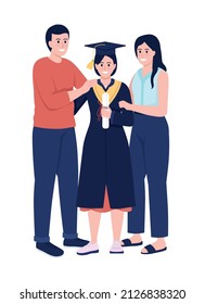 Parents And Daughter Alumnus Semi Flat Color Vector Characters. Standing Figures. Full Body People On White. Graduation Ceremony Simple Cartoon Style Illustration For Web Graphic Design And Animation