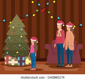 parents and daughter celebrating christmas in livingroom with tree vector illustration