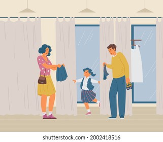 Parents With Daughter Choosing School Uniform In Clothes Store. Happy Girl Trying On New School Form In Fitting Room. Vector Illustration.