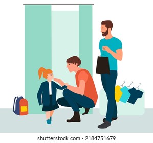 Parents With Daughter Choosing School Uniform In Clothes Store. Happy Girl Trying On New School Form In Fitting Room. Vector Illustration.