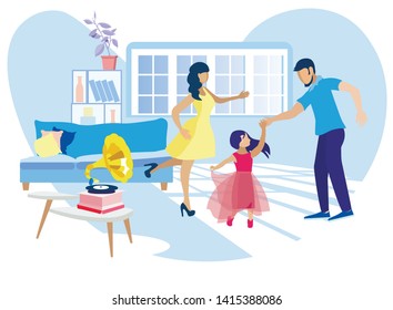 Parents and Daughter Dancing at Home Flat Cartoon. Mother and Female Child in Beautiful Dresses. Father Rhythmically Moving with Girl while Gramophone Playing Music. Vector Home Party Illustration