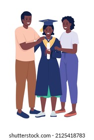 Parents and daughter graduate semi flat color vector characters. Standing figures. Full body people on white. Graduation ceremony simple cartoon style illustration for web graphic design and animation