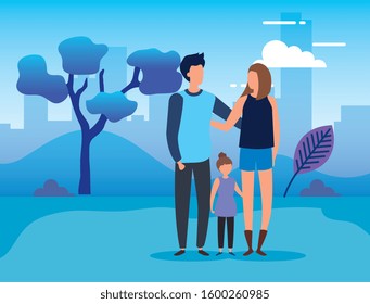 parents with daughter in the park vector illustration design