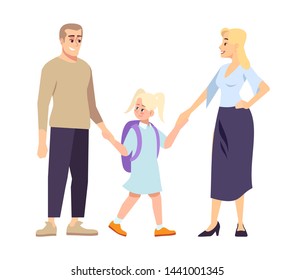 Parents and daughter schoolgirl holding hands flat illustration. First day at school.  Young father, mather and blonde preteen schoolkid. Family going to school together isolated cartoon characters