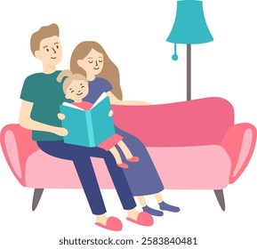Parents and daughter spending quality time together, reading a book on a comfortable sofa in their living room, creating a warm and loving family atmosphere