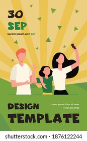 Parents and daughter taking selfie together. Using smartphone for video call, waving hello flat vector illustration. Family, communication concept for banner, website design or landing web page