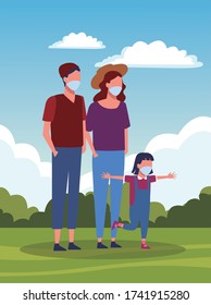 parents with daughter using face mask for covid19 vector illustration
