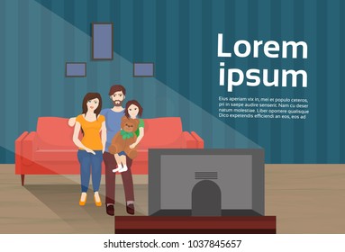 Parents With Daughter Watch Tv Sitting On Couch And Eat Popcorn In Living Room Flat Vector Illustration