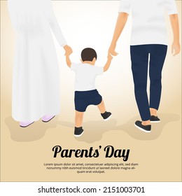 Parents day background with a baby holding his father and mothers hands