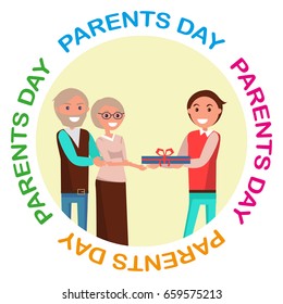 Parents` Day banner with colorful inscription. Vector illustration of cheerful son giving his middle-aged mother and father present