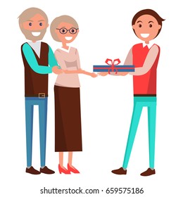 Parents` Day banner isolated on white in flat style. Vector illustration of cheerful son giving his middle-aged mother and father present