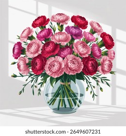 Buquê do Dia dos Pais, cravos cor-de-rosa e vermelhos, fundo branco, elegante, floral, vetor realista, sombras suaves.
