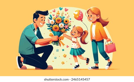 Parents' Day, family, father gives his daughter a large bouquet of flowers, mother stands nearby