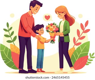 Parents' Day, the family presents a sizable bouquet of flowers to the wife, and their son stands beside him.