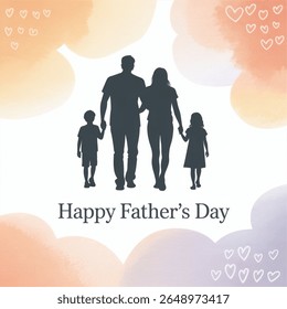 Parents Day family silhouette, father mother son daughter from back, walking together, black simple vector icon.

