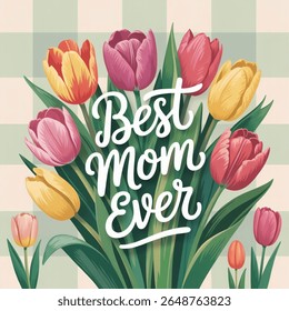 Parents Day greeting card, hand lettering, tulip flowers, checkered background, elegant, colorful, vector, spring style.
