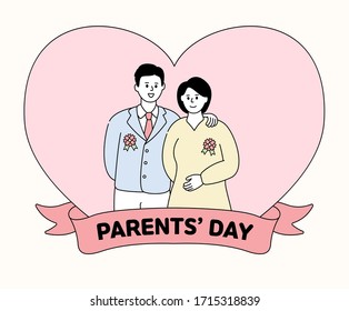 Parents day illustration set. mother, father, heart, carnations. Vector drawing. Hand drawn style.