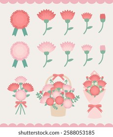 Parents' day (Mother's and Father's) and teacher's day Carnation decorative illustration vector set.