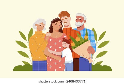 Parents day poster. Good relations between different generations of family. Elderly man and woman with guy and girl, daughter. Greeting postcard template. Cartoon flat vector illustration