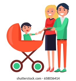 Parents' Day Poster vector illustration of happy mother and joyful father on a walk with their young child sitting in stroller