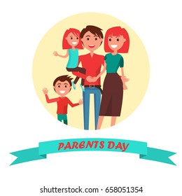 Parents' Day Poster vector illustration of cheerful father holding his little dauther, happy mother hugging her husband with their young son in round circle