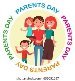 Parents' Day Poster vector illustration of cheerful father holding his little dauther, happy mother hugging her husband with their young son