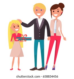 Parents' Day poster vector illustration of cheerful family depicting young daughter with present for her mother and father