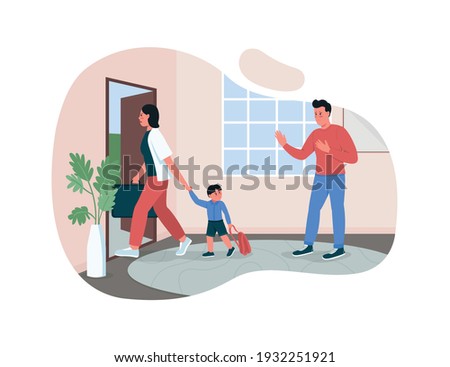 Parents divorce 2D vector web banner, poster. Wife split with husband. Mother leaving with child flat characters on cartoon background. Family conflict printable patch, colorful web element