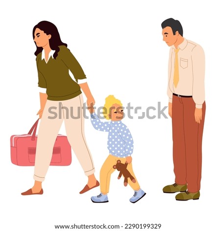 Parents divorce vector illustration. Flat cartoon frowning upset woman wife with unhappy daughter child leaving frustrated depressed man husband isolated on white background. Family crisis concept