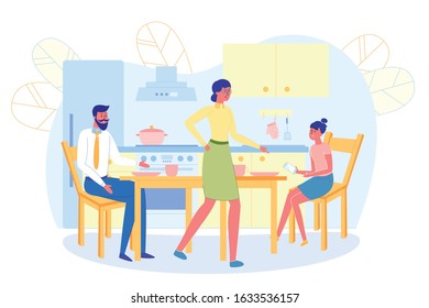 Parents do not Allow Daughter to Use Mobile Phone at Dinner Flat Cartoon Vector Illustration. Father and Mother Prohibit Gadgets at Table. Family Having Meal in Kitchen Interior Together.