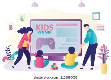 Parents drag children away from game console. Family problems. KIds are addicted to computer games, television and social networks. Cyber addiction, concept. Social issues. Flat vector illustration