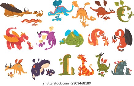 Parents dragons and their babies set. Happy families of mythical animals cartoon vector Illustration