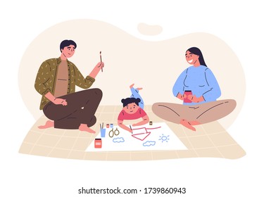 Parents draw picture with their daughter.Creative hobby for children.Relatives spend time together.Hand drawn style.Character design.Colorful vector illustration in flat cartoon style.