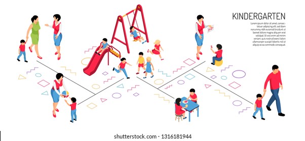 Parents educator and kids in various activity in kindergarten on white background isometric horizontal vector illustration