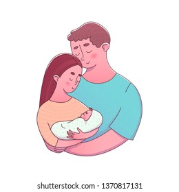 Parents embracing newborn with love. Young family with little baby. Cute cartoon vector illustration. 