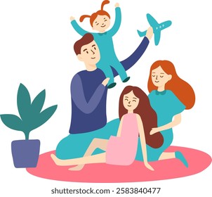 Parents engaging in playful activities with their daughters, lifting the youngest while holding a toy airplane, all while sitting together on a cozy rug indoors