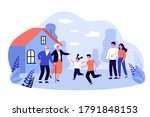 Parents and excited kids visiting grandparents. Old couple welcoming children and grandchildren at country house. Vector illustration for family, togetherness, generation concept