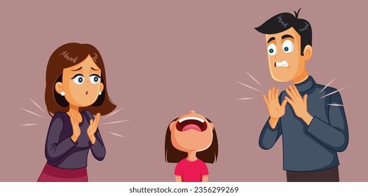 
Parents Fake Applauding the Untalented Daughter Singing Vector Cartoon. Mother and father falsely congratulating an untalented kid 
