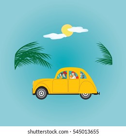 parents family children dog small yellow cloud sun car tree branches isolated on a blue background vector elements for design summer time