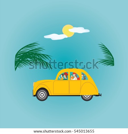 parents family children dog small yellow cloud sun car tree branches isolated on a blue background vector elements for design summer time