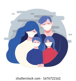 The parents family protect son and daughter from virus COVID-19
cartoon concept illustration