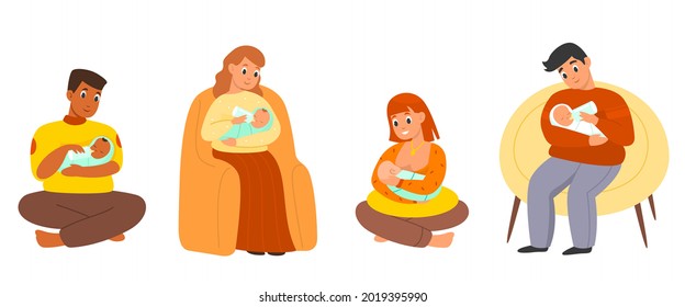 Parents Feed Babies. Newborns In Blankets Taking Milk In Moms And Dads Hands. Mothers Breastfeeding Toddlers. Fathers Giving Meal To Kids From Bottle. Vector Motherhood And Fatherhood Set