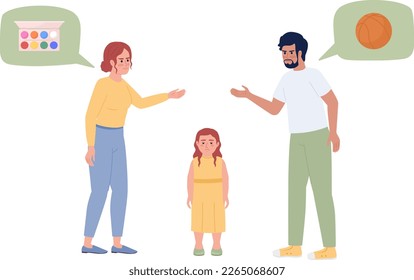 Parents fighting over daughter hobby semi flat color vector characters. Editable figures. Full body people on white. Simple cartoon style spot illustration for web graphic design and animation